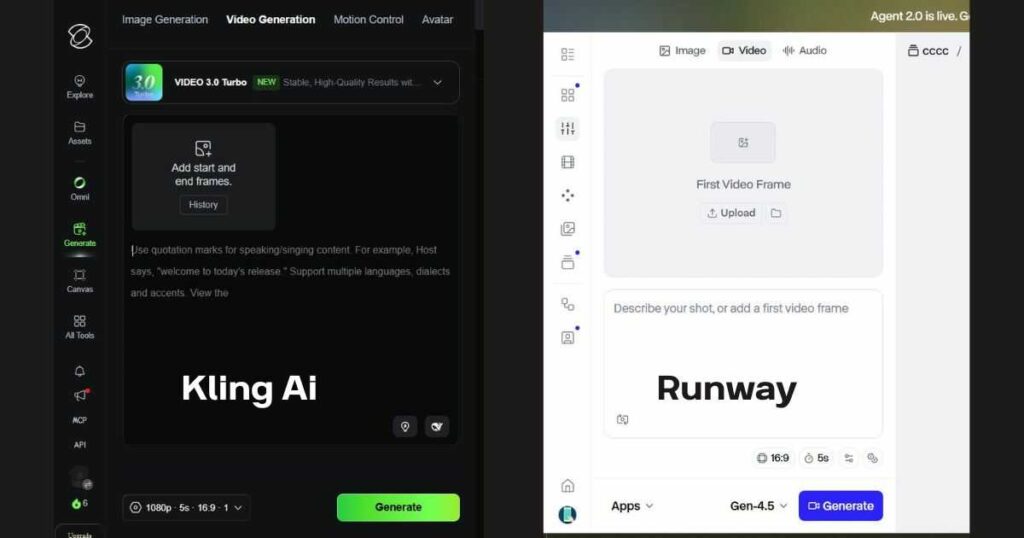 Kling AI vs Runway interface comparison in 2026