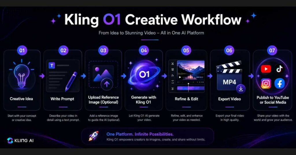Kling O1 creative workflow infographic showing the AI video creation process from writing a prompt and uploading a reference image to generating, editing, exporting, and publishing videos