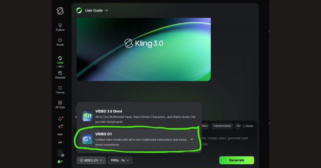 Kling O1 video generation interface showing the prompt input box, reference image upload, selected O1 model, Generate button, and video preview