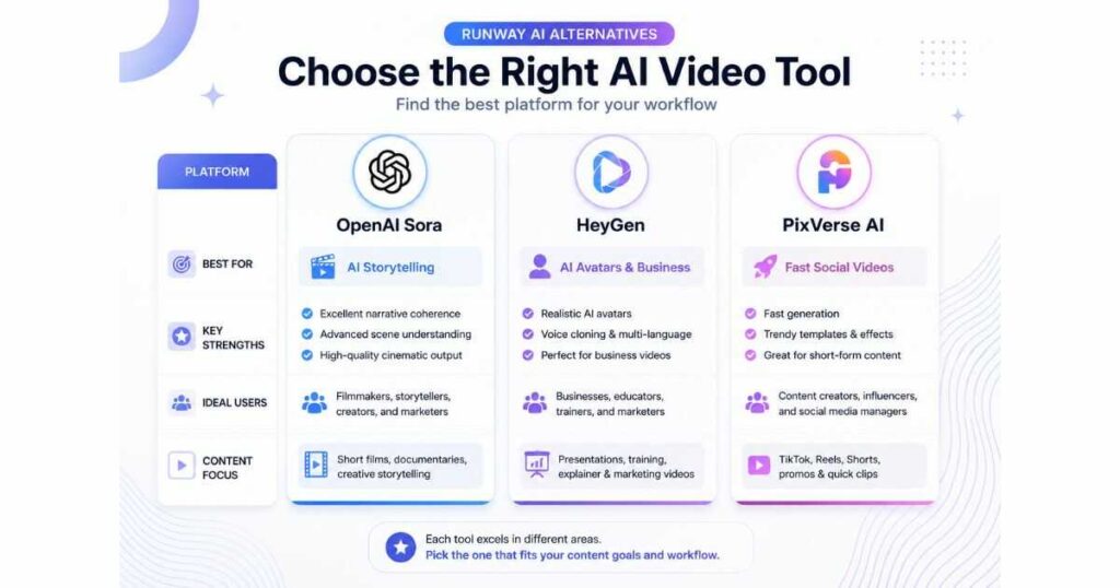 Runway AI alternatives comparison featuring OpenAI Sora, HeyGen, and PixVerse AI with their best use cases for AI storytelling, AI avatars, and social media video creation in 2026.