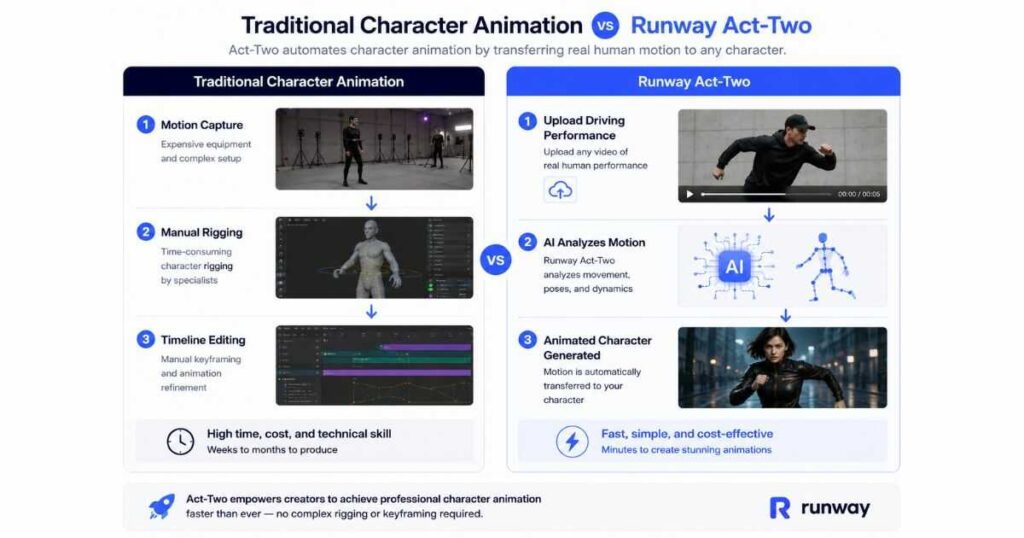 Runway Act-Two comparison showing traditional character animation versus AI-powered motion transfer with automatic character animation.
