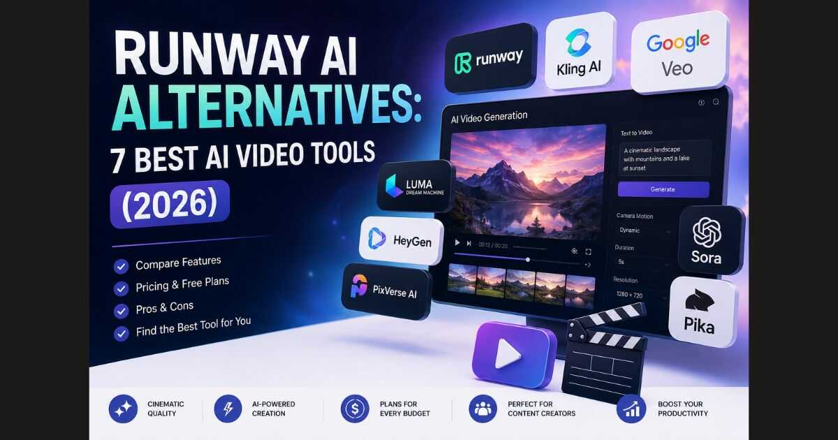 Runway AI Alternatives comparison featuring the 7 best AI video tools in 2026 including Kling AI, Google Veo, OpenAI Sora, Pika, Luma Dream Machine, HeyGen, and PixVerse AI