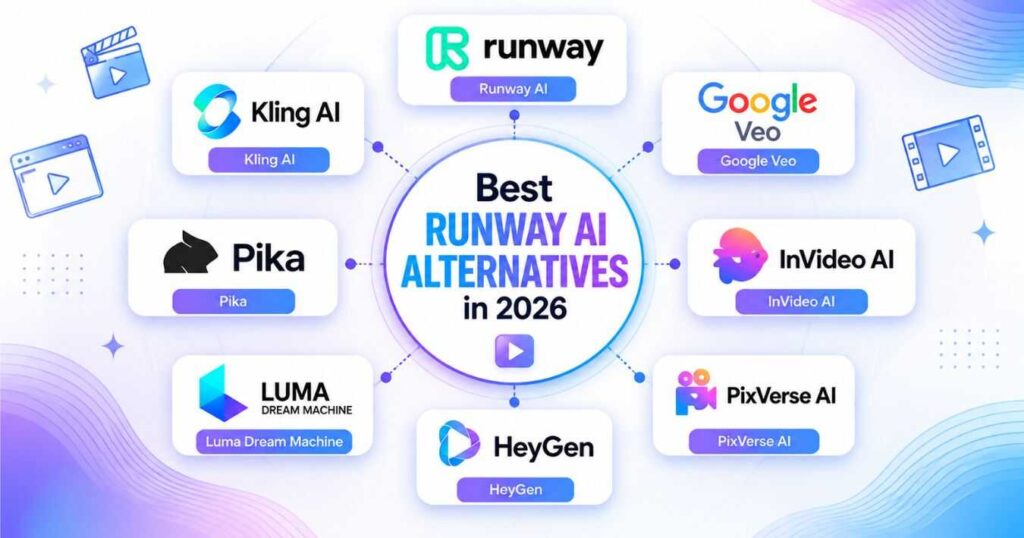 Runway AI alternatives comparison showing InVideo AI for faceless YouTube videos, HeyGen for AI avatars, and PixVerse AI for social media videos.