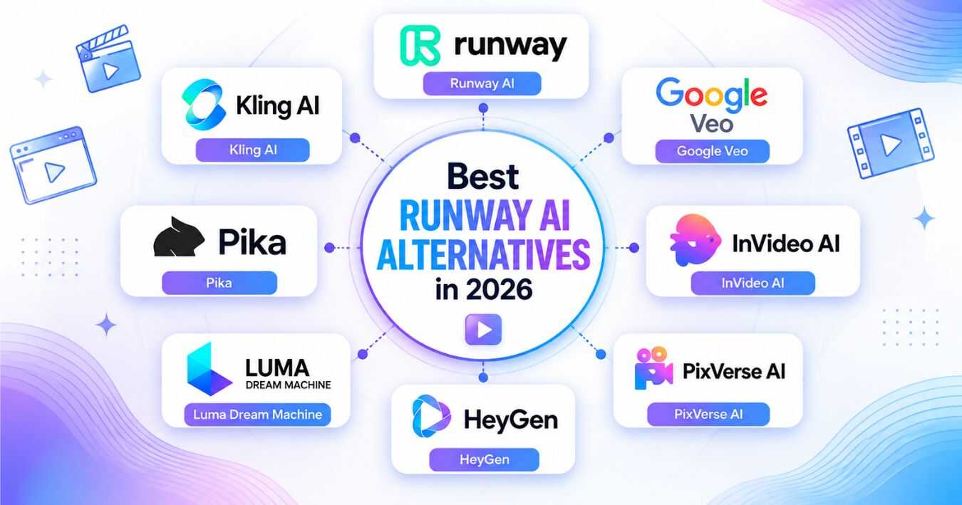 Runway AI alternatives comparison showing InVideo AI for faceless YouTube videos, HeyGen for AI avatars, and PixVerse AI for social media videos.