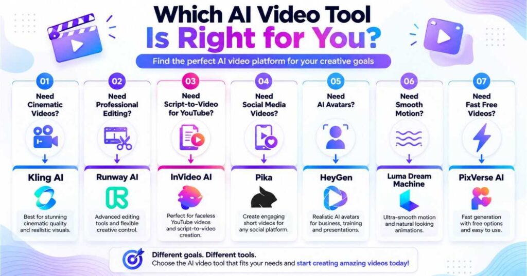 Runway AI alternatives comparison showing Kling AI for cinematic videos, Runway AI for editing, InVideo AI for faceless YouTube videos, Pika for social media, HeyGen for AI avatars, Luma Dream Machine for smooth motion, and PixVerse AI for fast video generation.