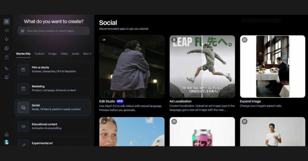 Runway AI Apps and Starter Kits page showing Film or Shorts, Marketing, Social, and Educational Content categories for creating AI videos.
