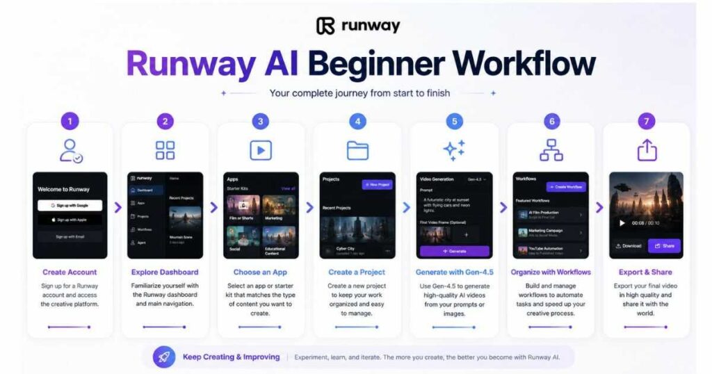 Runway AI Beginner Workflow infographic showing the complete tutorial from account creation to AI video generation with Gen-4.5, workflows, and export process.