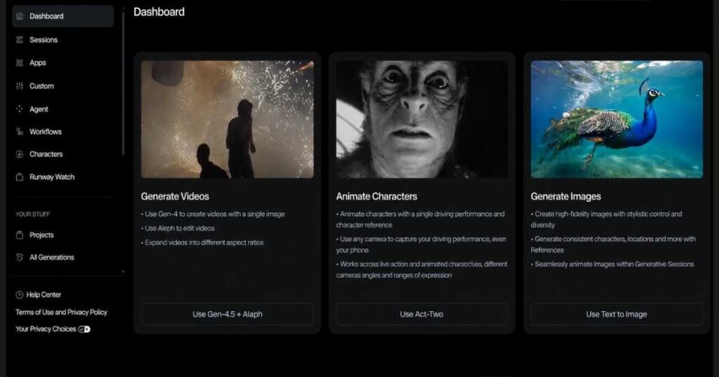 Runway AI dashboard interface showing the new homepage with Dashboard, Apps, Projects, Workflows, Agent, and the creative workspace for AI video creation.