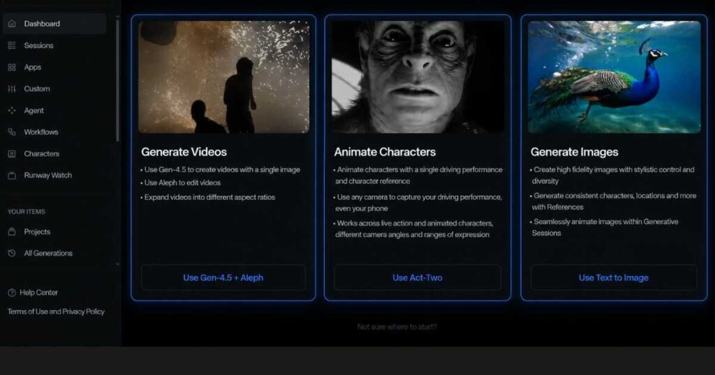 Runway AI dashboard showing the Generate Videos, Animate Characters, and Generate Images sections in the dark mode interface.