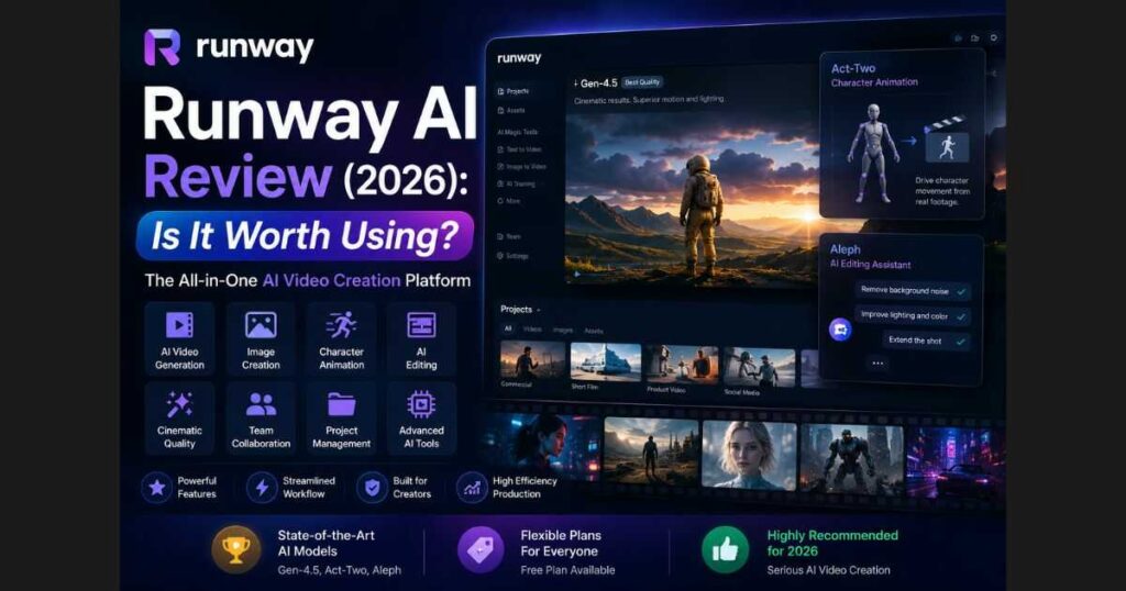Runway AI Review 2026 showcasing the Gen-4.5 video model, Act-Two character animation, Aleph AI editing assistant, and the all-in-one AI video creation platform.