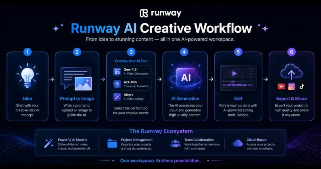 Runway AI Review creative workflow infographic showing the complete process from idea and prompt to Gen-4.5, Act-Two, Aleph, AI generation, editing, and exporting AI videos.