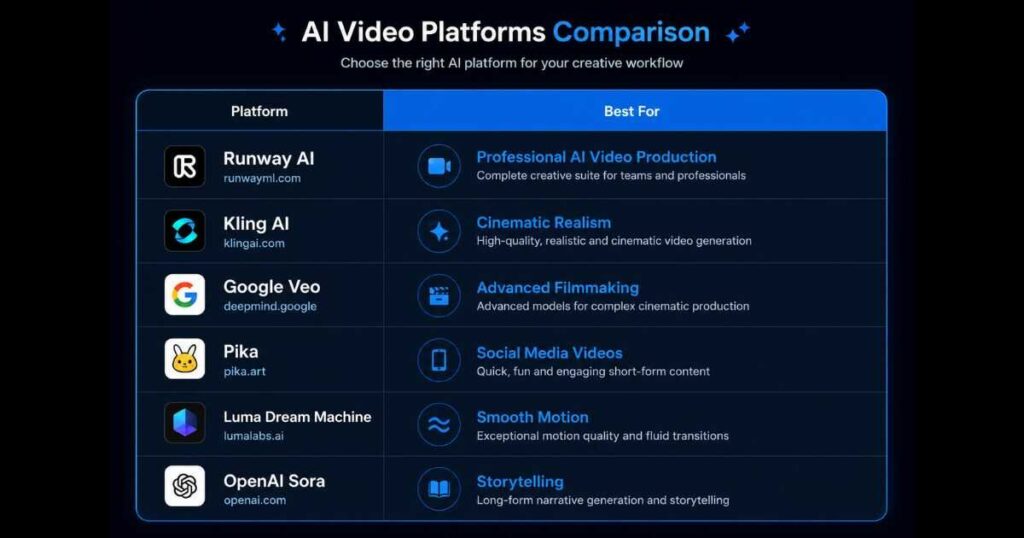 Runway AI Review comparison chart showing Runway AI, Kling AI, Google Veo, Pika, Luma Dream Machine, and OpenAI Sora with their best AI video creation use cases.