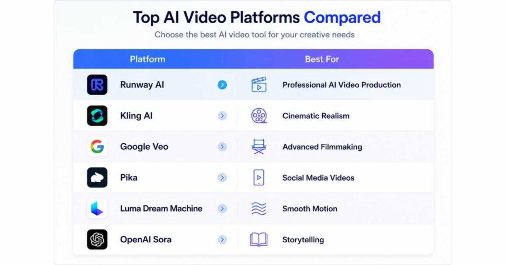 Runway AI comparison with Kling AI, Google Veo, Pika, Luma Dream Machine, and OpenAI Sora, highlighting the best use case for each AI video platform in 2026.