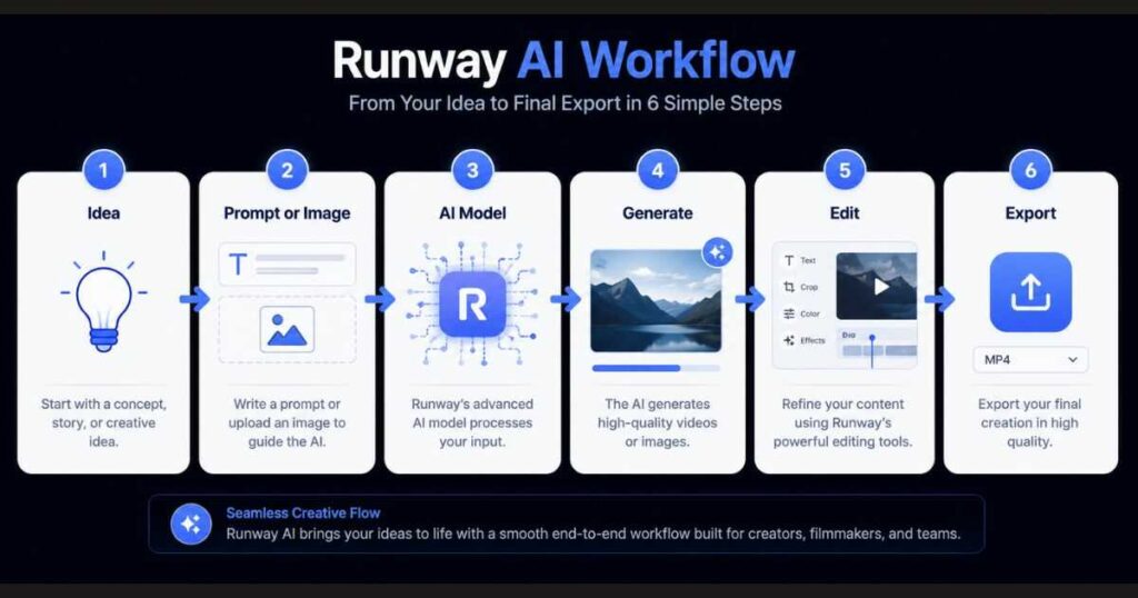 Runway AI workflow infographic showing the creative process from idea and prompt to AI generation, editing, and final export.