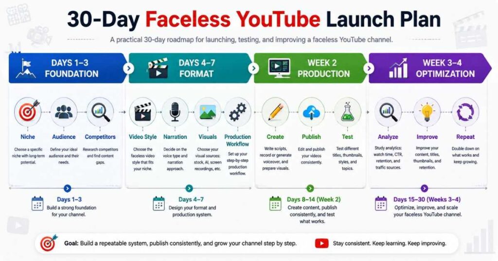 30-day faceless YouTube launch plan from niche selection to production, testing, and optimization