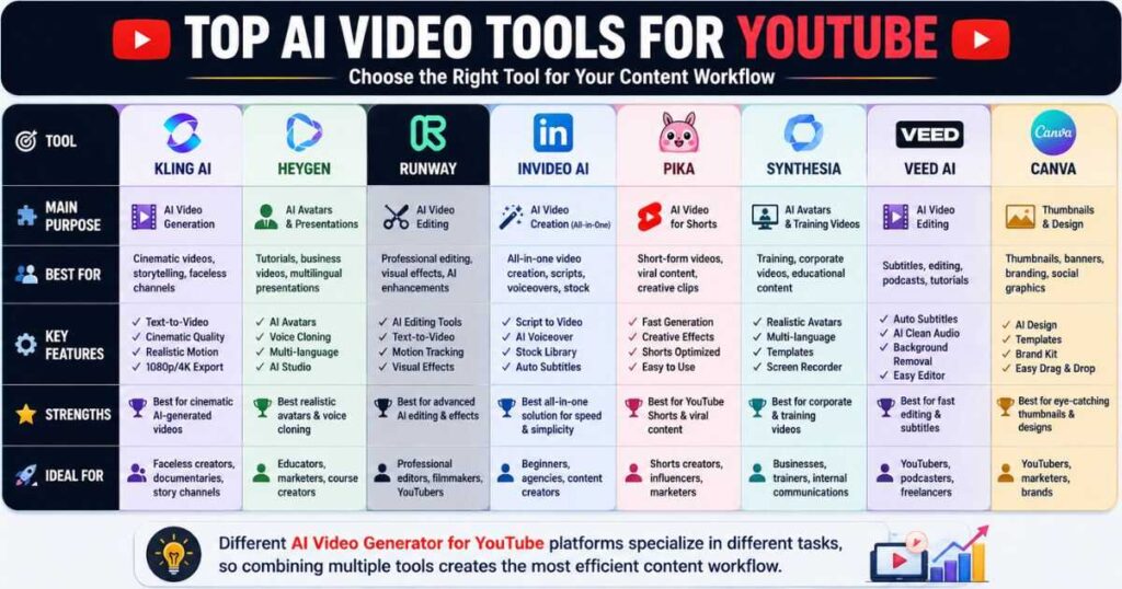 AI Video Generator for YouTube comparison chart featuring Kling AI, HeyGen, Runway, InVideo AI, Pika, Synthesia, VEED AI, and Canva