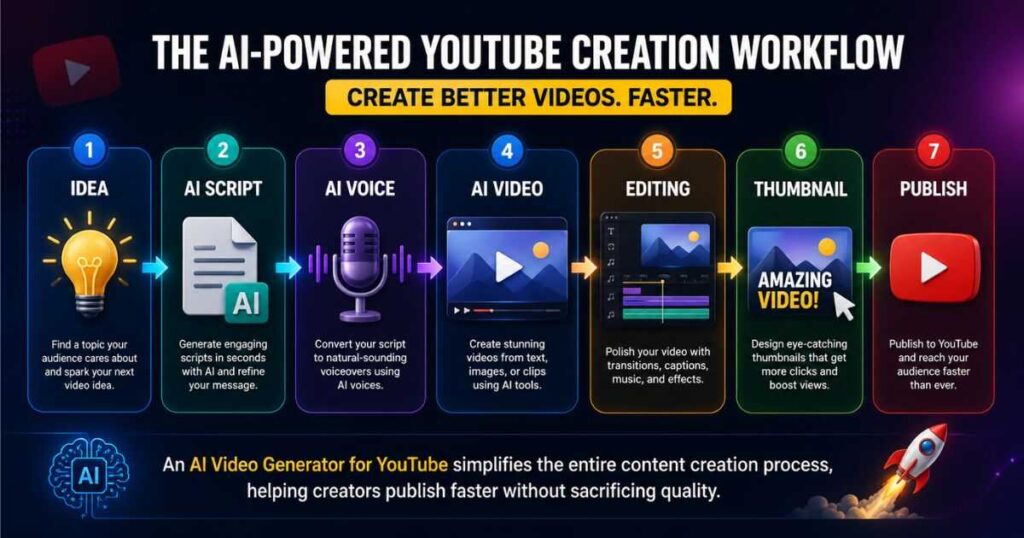 AI Video Generator for YouTube workflow showing idea, AI script, AI voice, AI video, editing, thumbnail, and publishing process