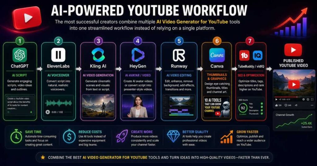 AI Video Generator for YouTube comparison chart featuring Kling AI, HeyGen, Runway, InVideo AI, Pika, Synthesia, VEED AI, and Canva