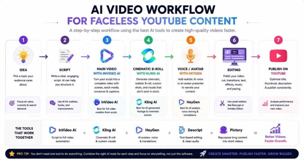 AI video workflow using InVideo AI, Kling AI and HeyGen for faceless YouTube