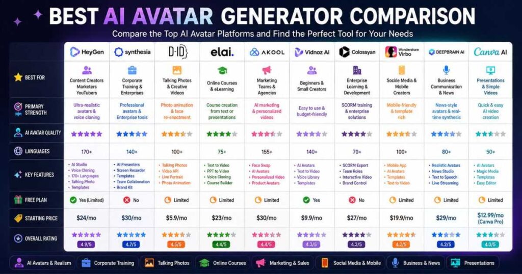 Best AI Avatar Generator comparison chart featuring HeyGen, Synthesia, D-ID, Elai.io, Akool, Vidnoz AI, Colossyan, Wondershare Virbo, DeepBrain AI, and Canva AI.