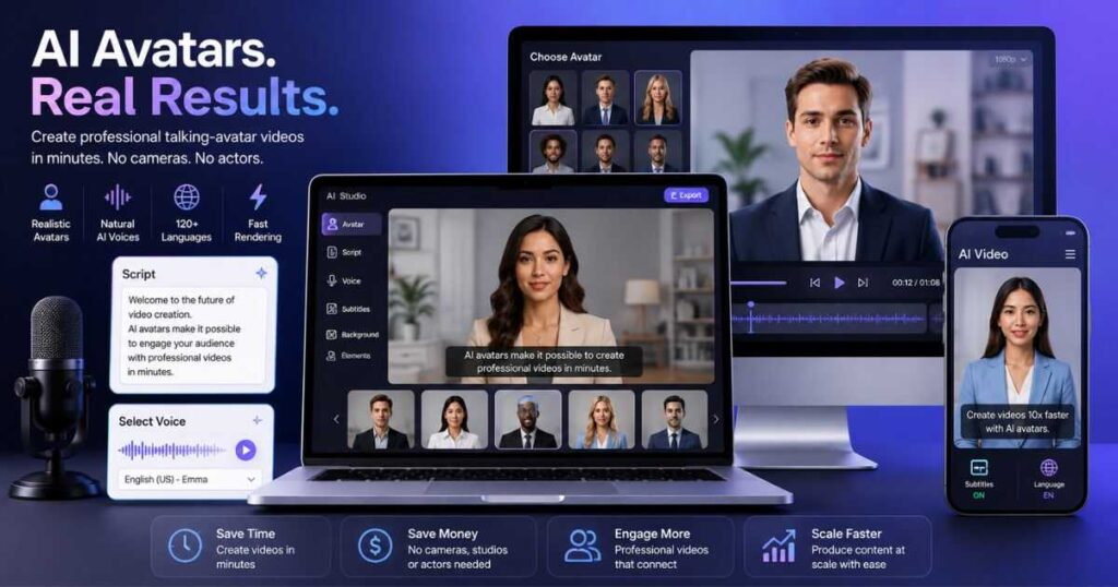 Best AI Avatar Generator workflow showing AI avatars, script writing, voice generation, video creation, editing, and publishing across desktop, laptop, and smartphone.