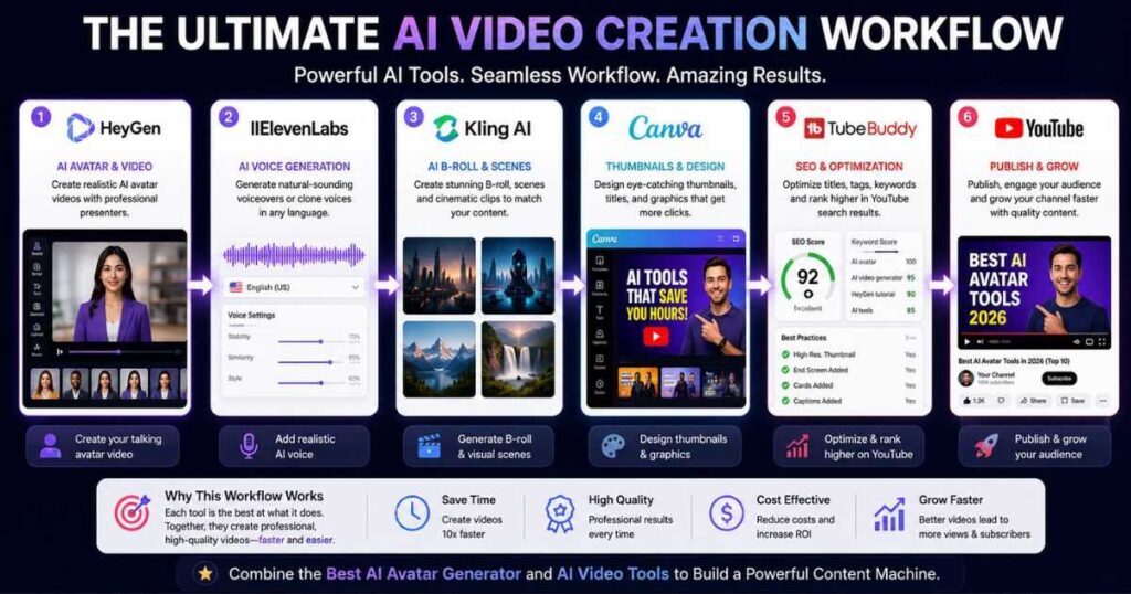 Best AI Avatar Generator workflow using HeyGen, ElevenLabs, Kling AI, Canva, TubeBuddy, and YouTube for AI video creation.
