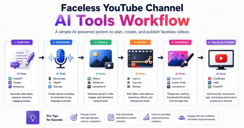 Faceless YouTube channel AI tools workflow for creating videos