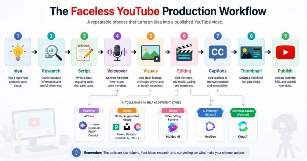 Faceless YouTube production workflow from idea and research to script, voiceover, visuals, editing, captions, thumbnail, and publishing