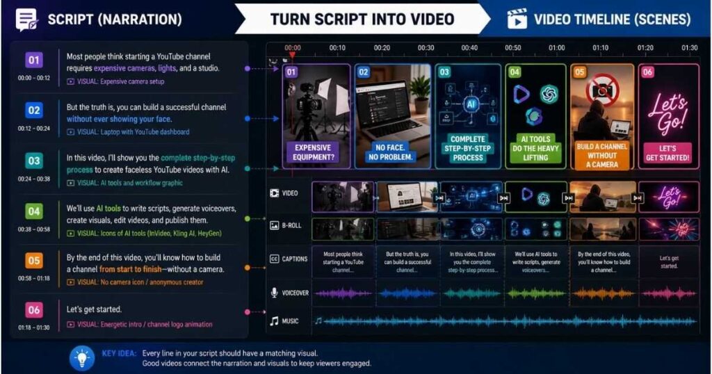 How to make faceless YouTube videos by turning a script into scenes, visuals, B-roll, captions, and video timeline