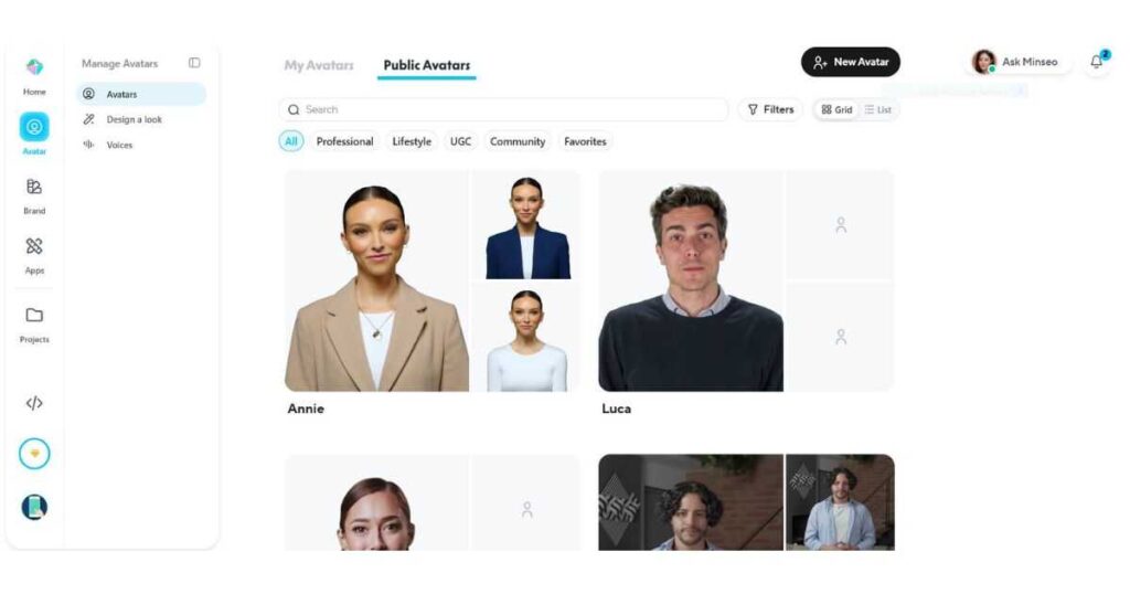 HeyGen AI Avatars library with realistic AI presenters for creating professional videos