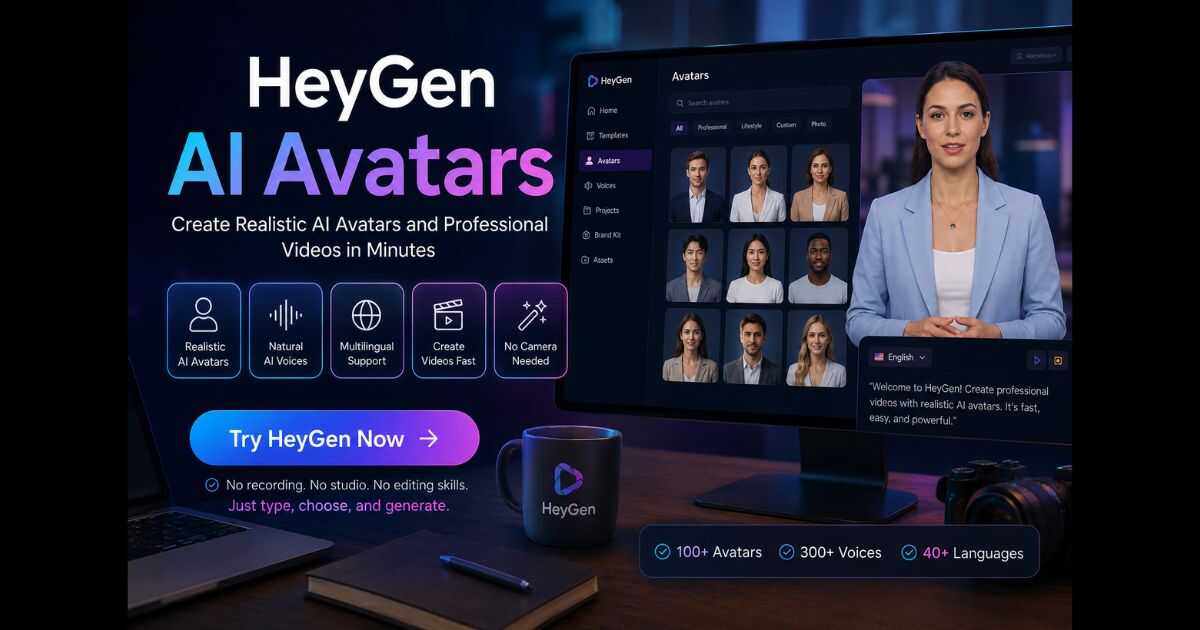 HeyGen AI Avatars dashboard showing realistic AI presenters, multilingual avatars, AI voices, and professional video creation features