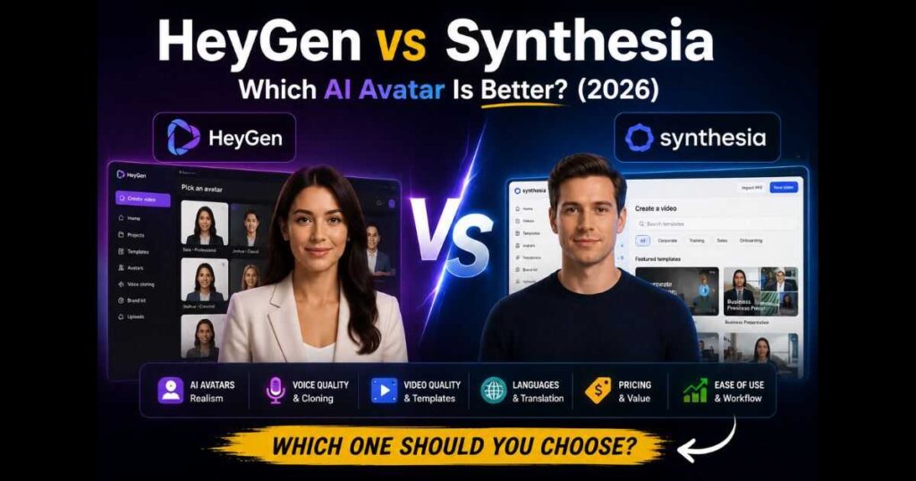 HeyGen vs Synthesia comparison showing the best AI avatar generator for creating realistic AI videos in 2026