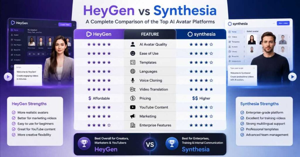 HeyGen vs Synthesia comparison chart showing AI avatar quality, ease of use, templates, languages, voice cloning, video translation, pricing, YouTube content, marketing, and enterprise features.