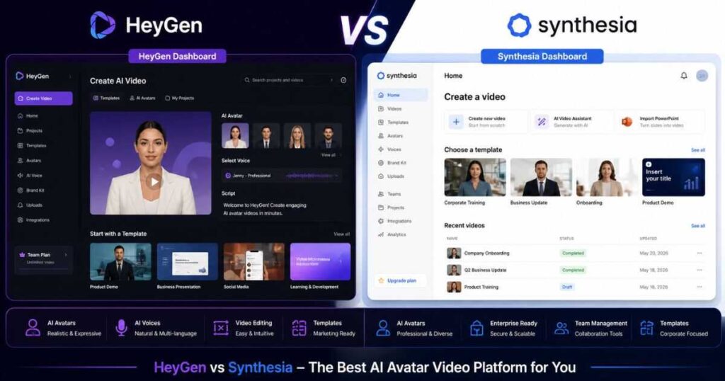 HeyGen vs Synthesia dashboard comparison showing AI avatar creation workflows, video editing tools, templates, and project management features in 2026