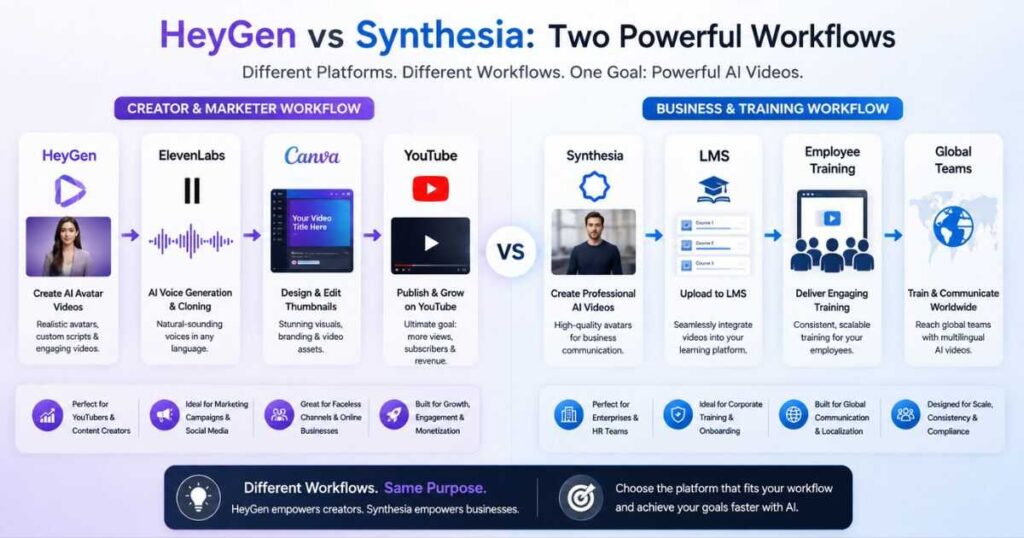 HeyGen vs Synthesia workflow comparison showing AI video creation pipelines for YouTube creators, marketers, businesses, and employee training using ElevenLabs, Canva, LMS, and YouTube.