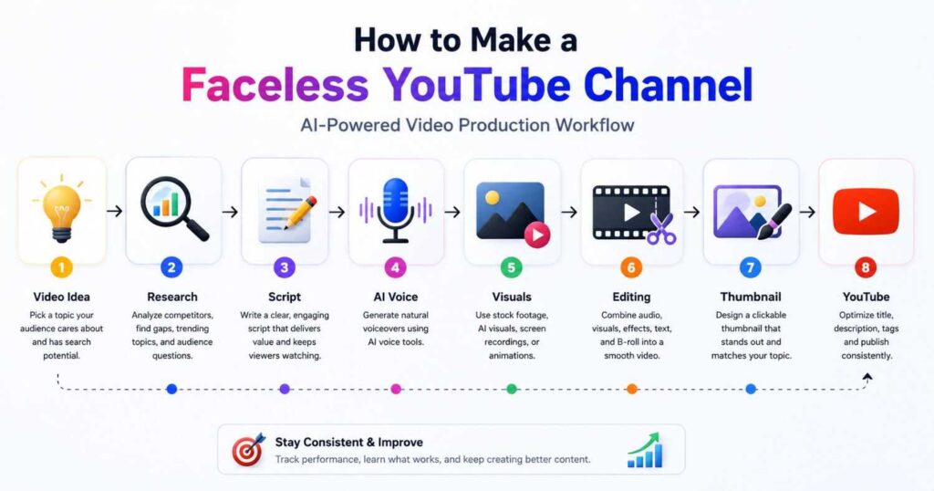 How to make a faceless YouTube channel with AI video production workflow