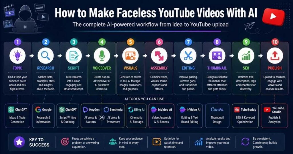 How to Make Faceless YouTube Videos with AI workflow from script to publishing