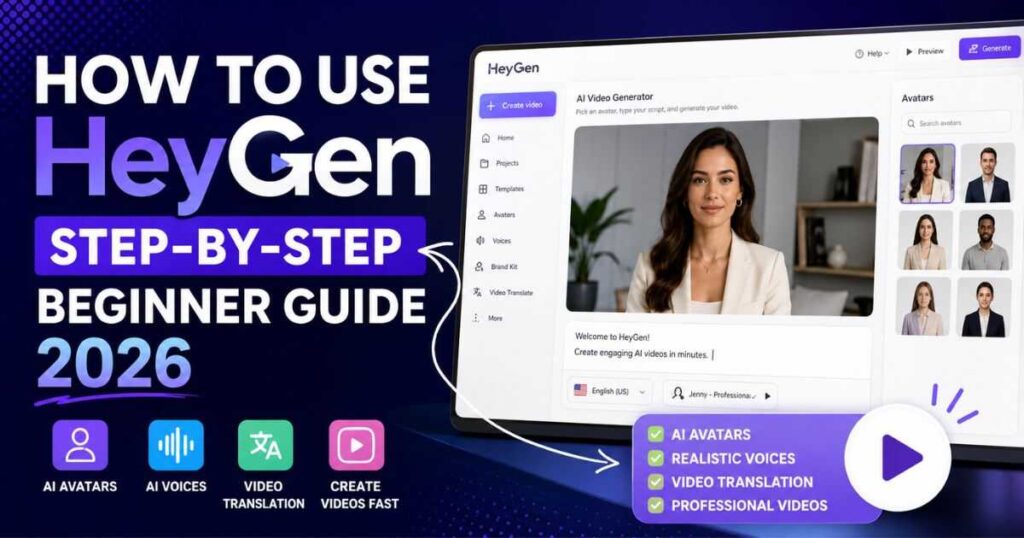 How to Use HeyGen step by step tutorial showing the complete AI video creation workflow, avatar generation, script editing, voice selection, and video export.