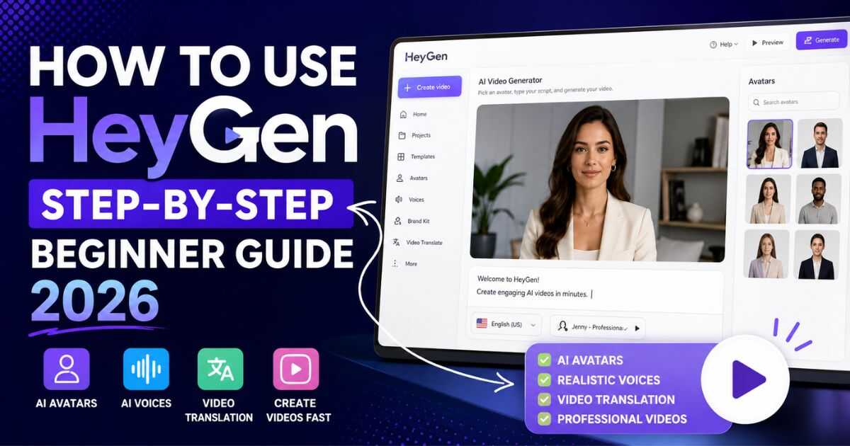 How to Use HeyGen step by step tutorial showing the complete AI video creation workflow, avatar generation, script editing, voice selection, and video export.