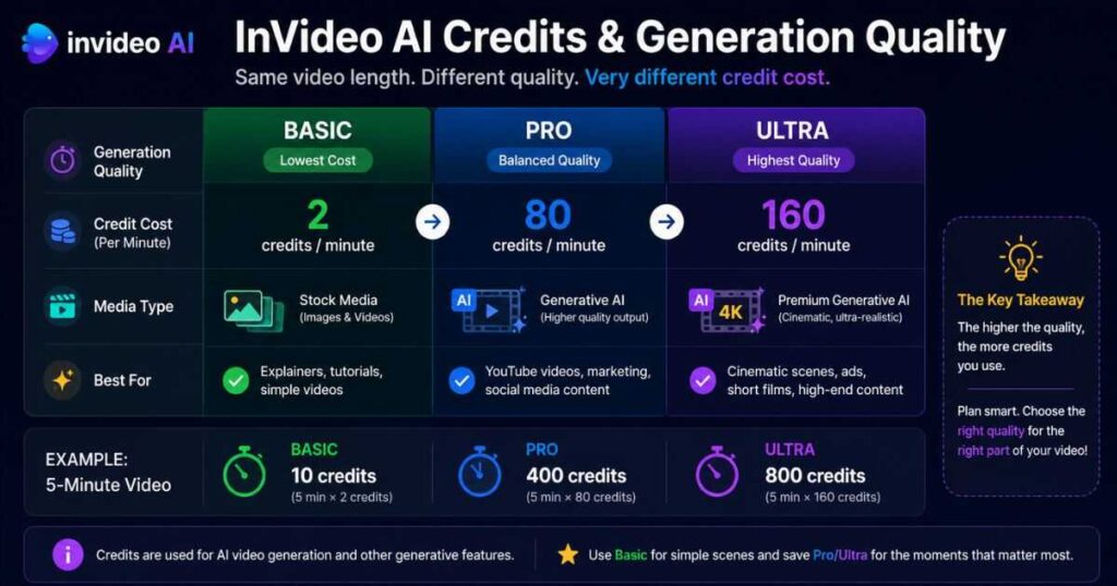 InVideo AI credits comparison showing Basic Pro and Ultra generation costs
