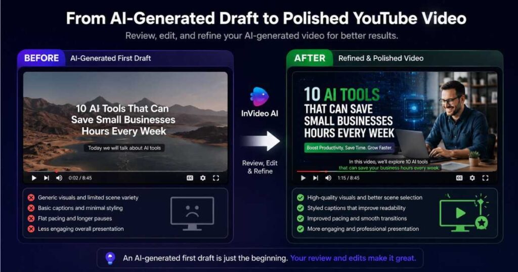 InVideo AI for YouTube video editing before and after comparison showing improved visuals, captions, pacing, and scene selection