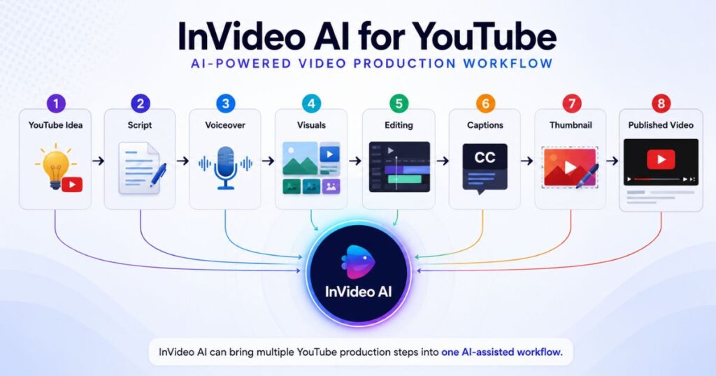 InVideo AI for YouTube video production workflow from idea and script to voiceover, visuals, editing, captions, thumbnail, and publishing