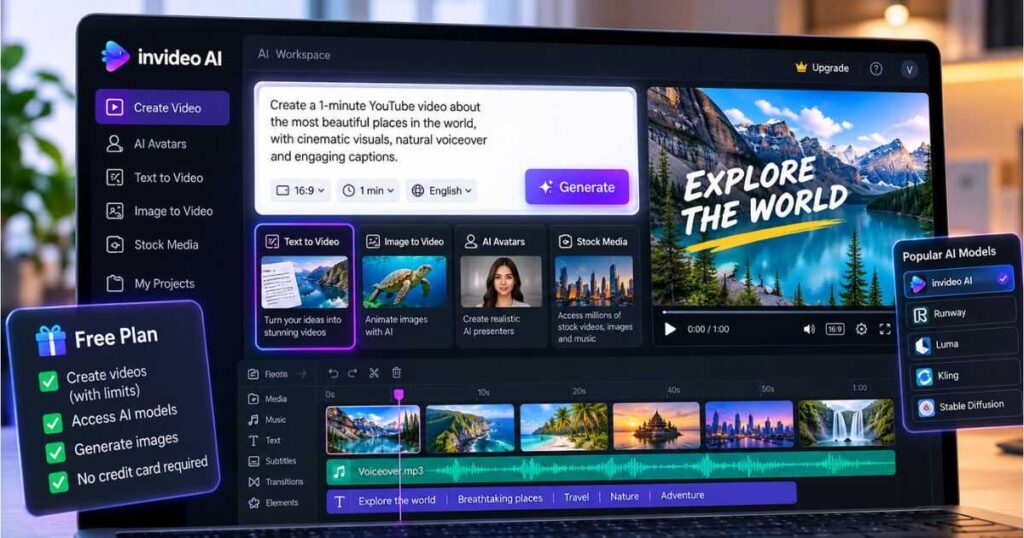 InVideo AI free plan interface for testing AI video creation tools