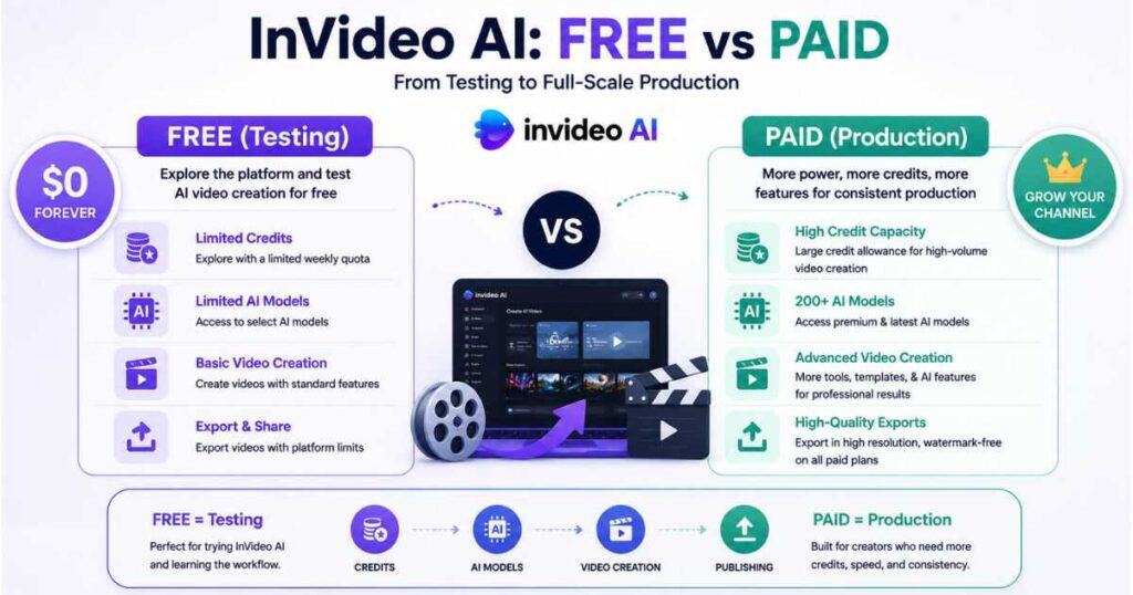 InVideo AI free vs paid plans, credits and video production