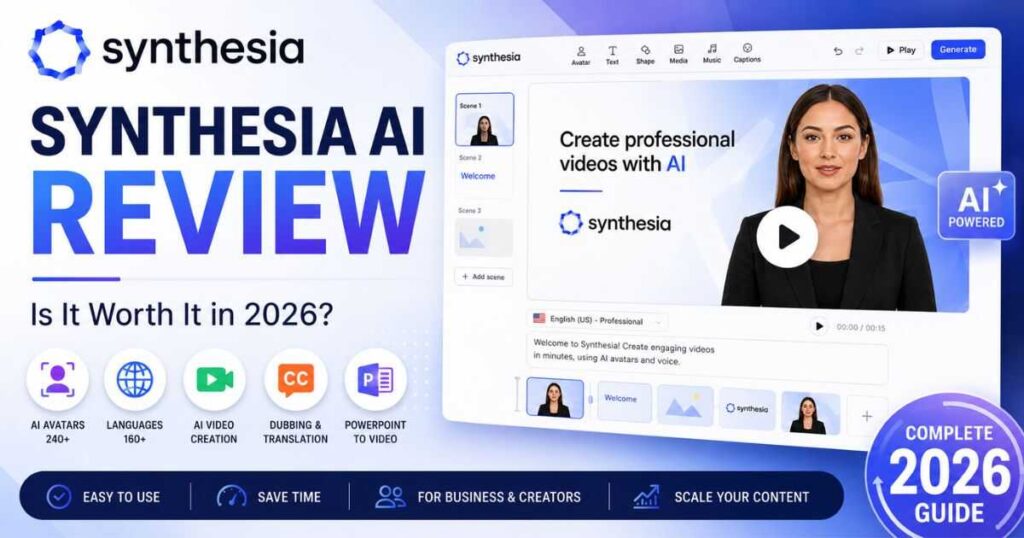 Synthesia AI Review 2026 showing the AI video editor and avatar