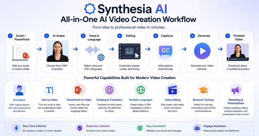 Synthesia AI video creation workflow with AI avatars, PowerPoint, dubbing, editing, captions, and multilingual tools