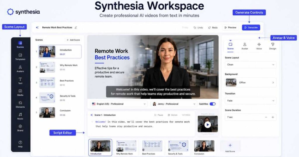 Synthesia AI video creation workspace with script, scenes, avatar, and Generate controls