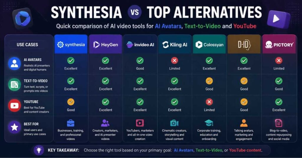 Synthesia alternatives comparison with leading AI video tools