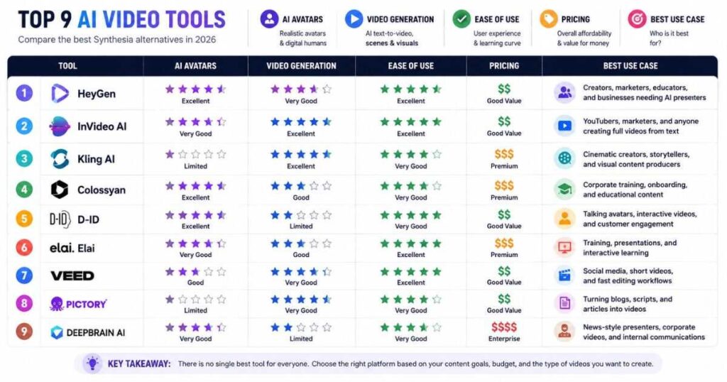 Synthesia alternatives comparison of the best AI video tools in 2026
