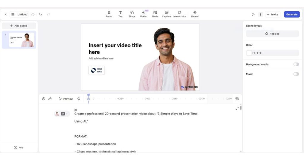 Synthesia free AI video editor with avatar and script controls